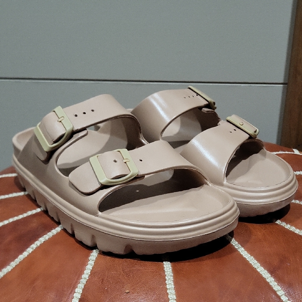 Neutral Beige Double-Buckle Slide Sandals
